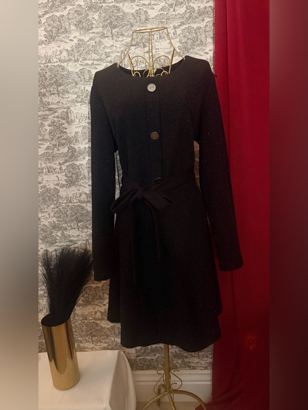 DKNY Black Textured Belted Dress Size 14
